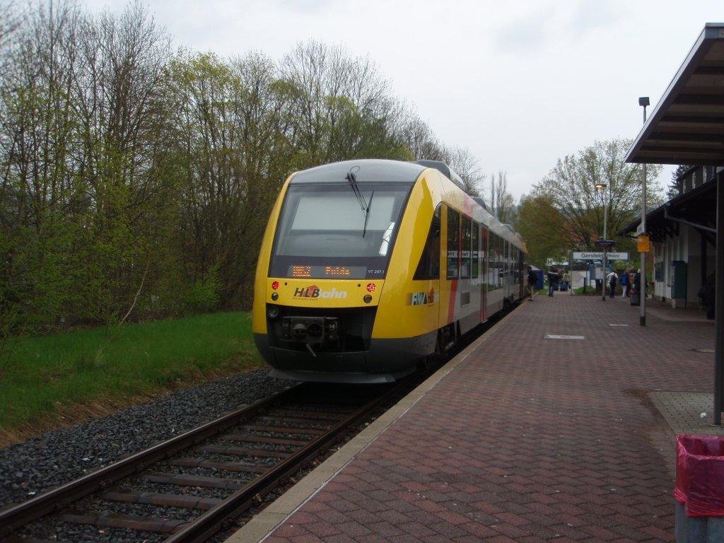 VT 287.1 der Hessischen Landesbahn als HLB aus Fulda in Gersfeld (Rhn). 04.05.2013