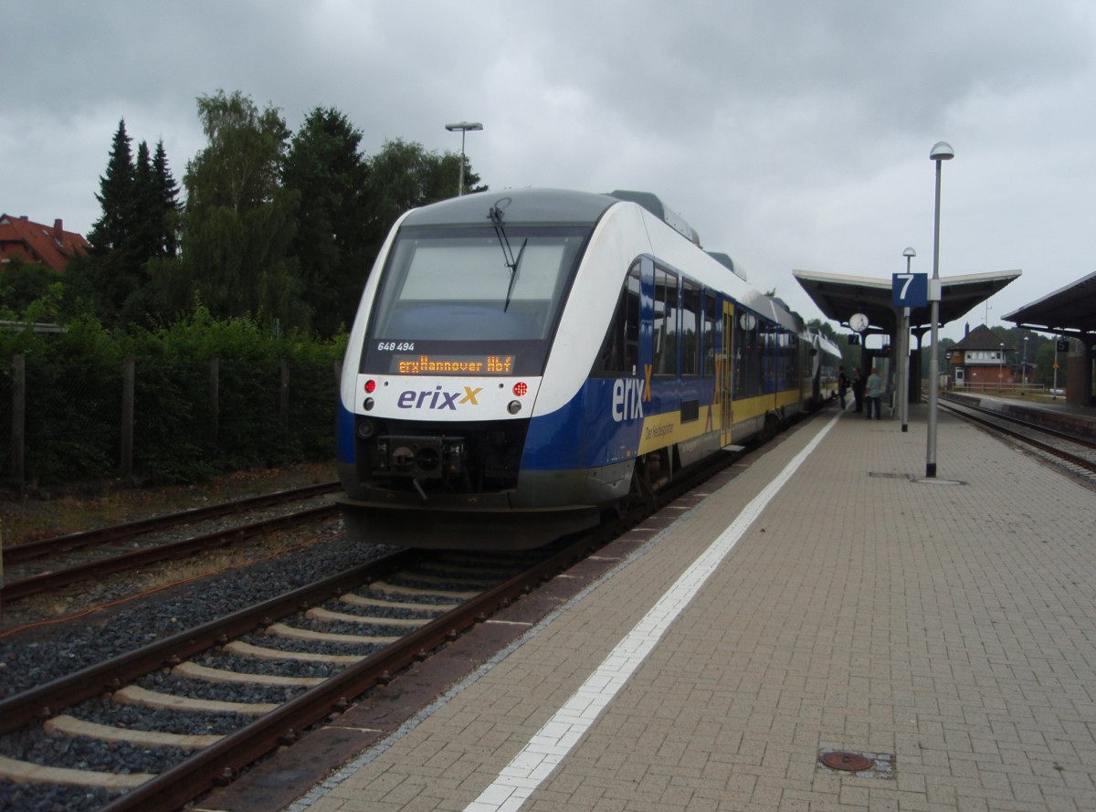 648 494 der Osthannoverischen Eisenbahn als erx Buchholz (Nordheide) - Hannover Hbf in Soltau. 08.08.2013