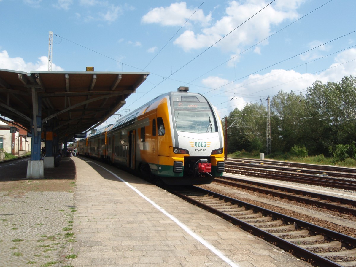 ET 445.113 der Ostdeutschen Eisenbahn als RE 2 Cottbus - Wismar in Bad Kleinen. 11.08.2014