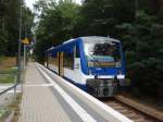 vt-650-stadler--adtranz-regioshuttle/449089/vt-004-der-niederbarnimer-eisenbahn-als VT 004 der Niederbarnimer Eisenbahn als RB 35 aus Fürstenwalde (Spree) in Bad Saarow-Klinikum. 28.08.2015