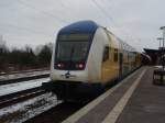 Ein Doppelstock Steuerwagen der metronom Eisenbahngesellschaft als ME nach Gttingen in Uelzen. 19.02.2011