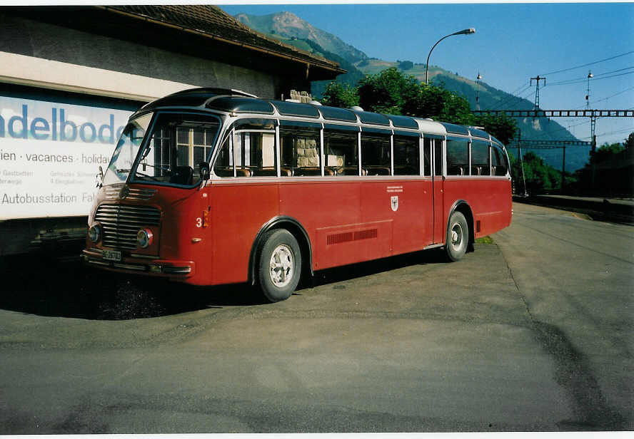 (006'308) - AFA Adelboden - Nr. 3/BE 26'703 - FBW/Gangloff am 21. Juli 1990 beim Bahnhof Frutigen