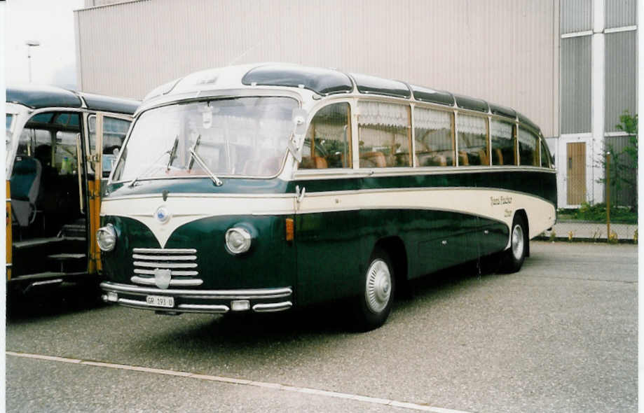 (035'816) - Fischer, Chur - GR 193 U - Saurer/R&J (ex Geiger, Adelboden Nr. 1; ex AAGi Interlaken) am 28. August 1999 in Oensingen, Saurertreffen