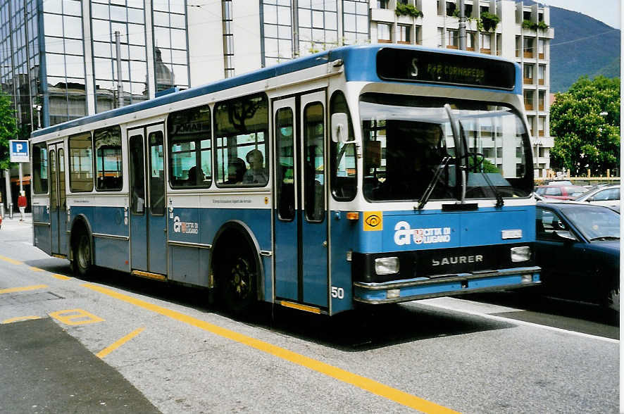 (046'030) - ACT Lugano - Nr. 50/TI 102'421 - Saurer/R&J (ex VBZ Zrich Nr. 271) am 23. April 2001 in Lugano, San Antonio