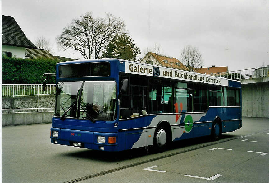 (052'534) - VZO Grningen - Nr. 30/ZH 505'373 - MAN/Ayats (ex AAGL Liestal Nr. 54) am 23. Mrz 2002 in Grningen, Garage