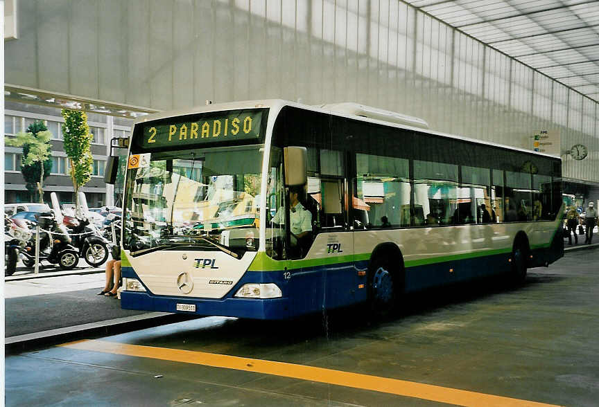 (054'707) - TPL Lugano - Nr. 12/TI 309'511 - Mercedes am 22. Juli 2002 in Lugano, Centro