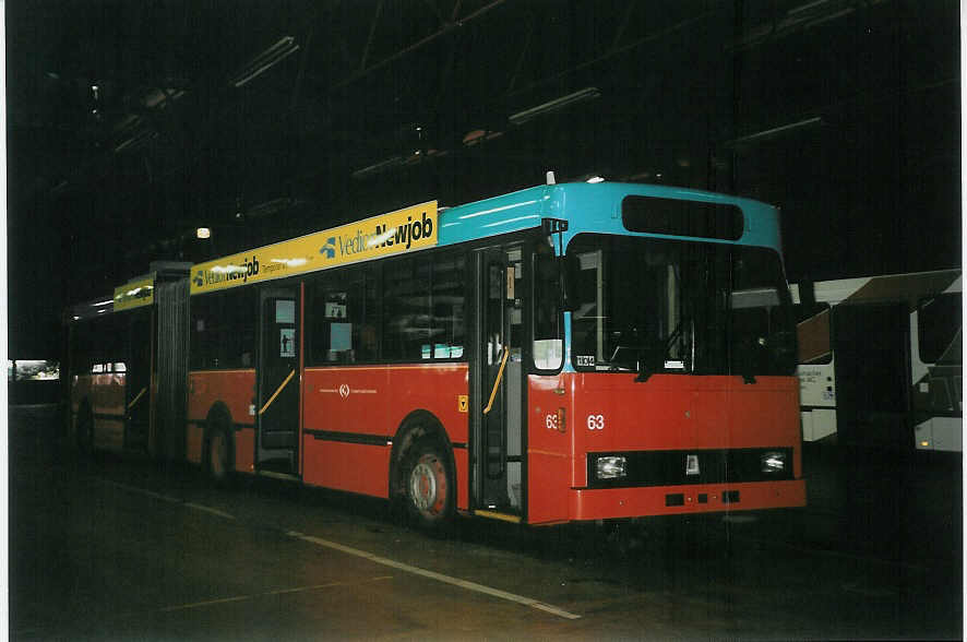 (057'514) - VB Biel - Nr. 63 - Volvo/R&J Gelenktrolleybus am 30. November 2002 in Biel, Depot