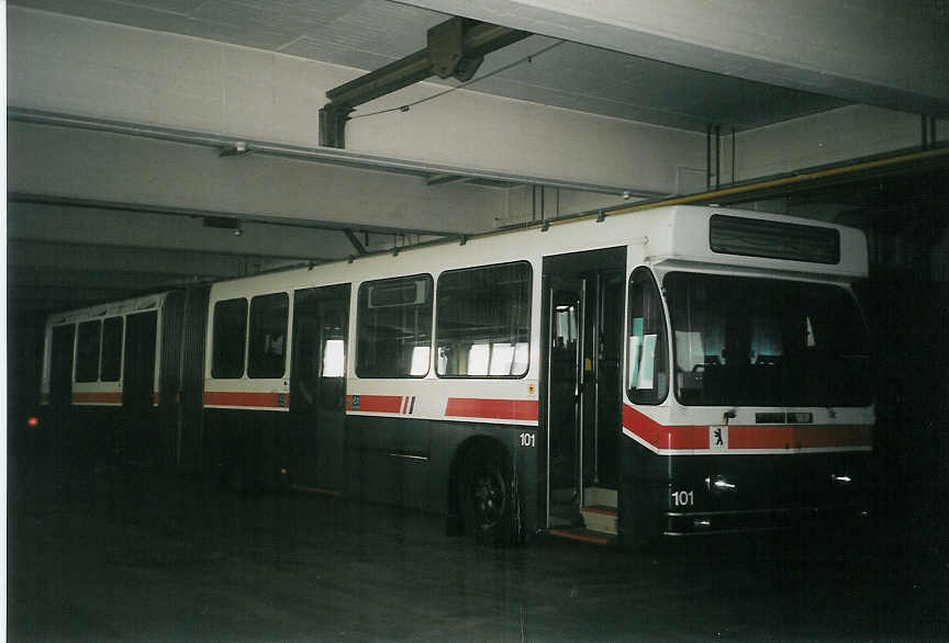 (059'436) - VBSG St. Gallen - Nr. 101 - Saurer/Hess Gelenktrolleybus am 29. Mrz 2003 in St. Gallen, Depot