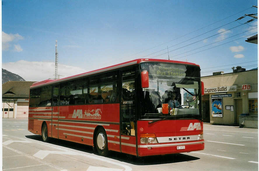 (067'222) - AFA Adelboden - Nr. 12/BE 26'702 - Setra am 25. April 2004 beim Bahnhof Frutigen