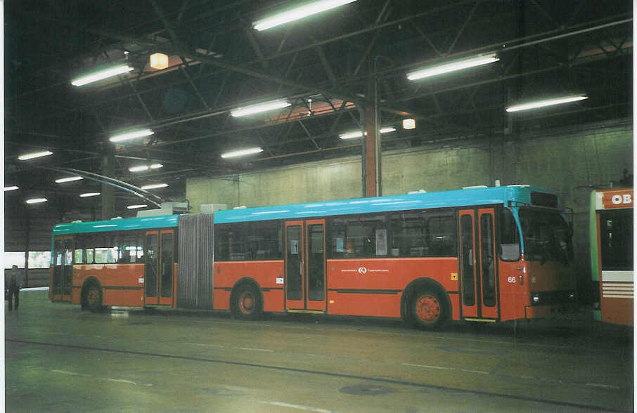 (076'402) - VB Biel - Nr. 66 - Volvo/R&J Gelenktrolleybus am 23. April 2005 in Biel, Depot