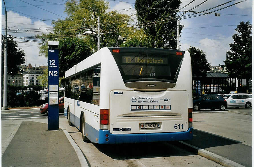 (078'529) - VBL Luzern - Nr. 611/LU 202'611 - Scania/Hess am 11. Juli 2005 beim Bahnhof Luzern