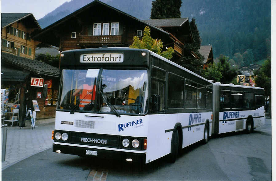 (080'322) - Ruffiner, Turtmann - VS 242'780 - Scania/FHS (ex VBSH Schaffhausen) am 3. September 2005 beim Bahnhof Zweisimmen