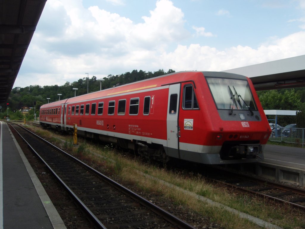 611 543 als RE aus Ulm Hbf in Sigmaringen. 05.07.2011