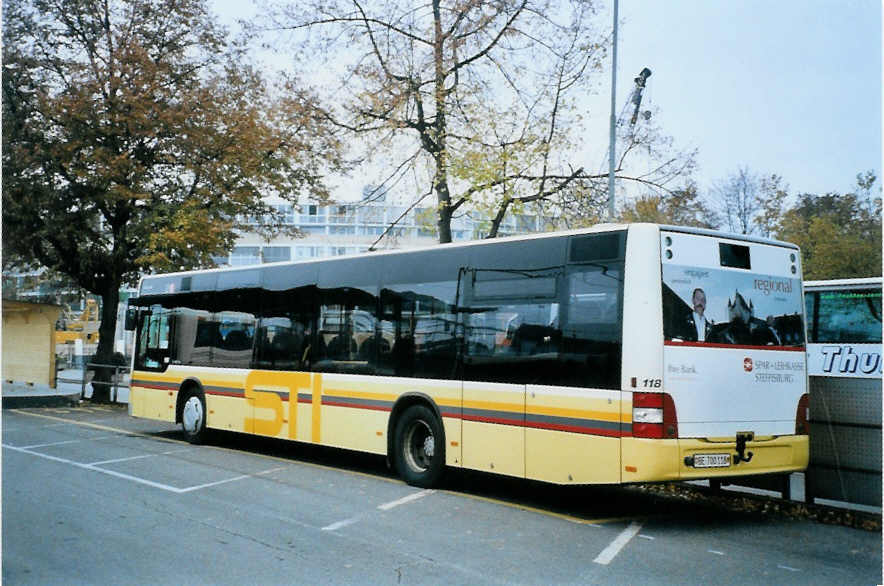 (100'725) - STI Thun - Nr. 118/BE 700'118 - MAN am 3. November 2007 beim Bahnhof Thun (prov. Haltestelle)