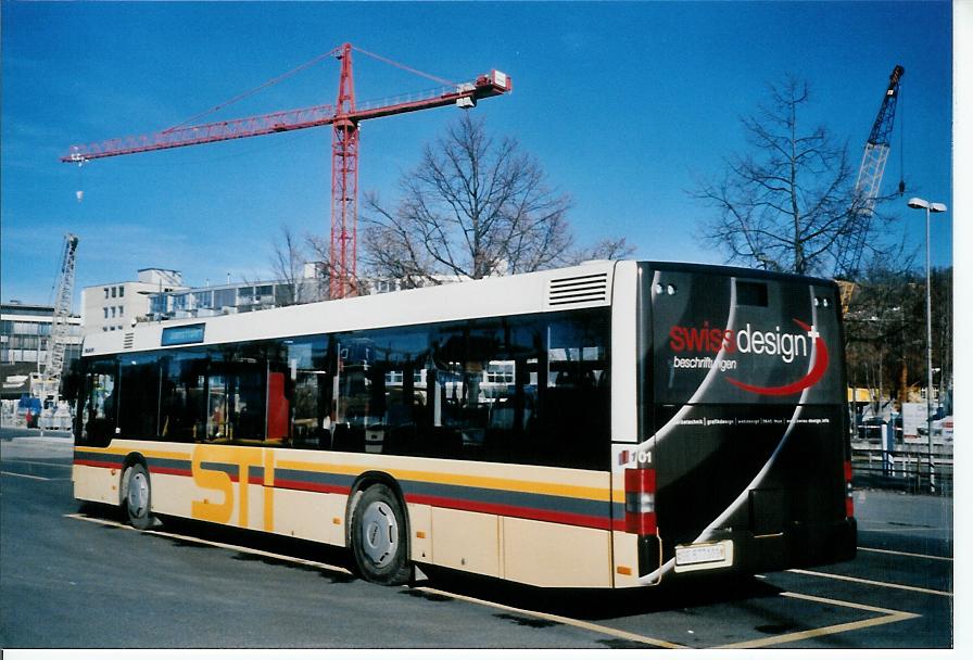 (103'626) - STI Thun - Nr. 101/BE 577'101 - MAN am 20. Januar 2008 beim Bahnhof Thun (prov. Haltestelle)