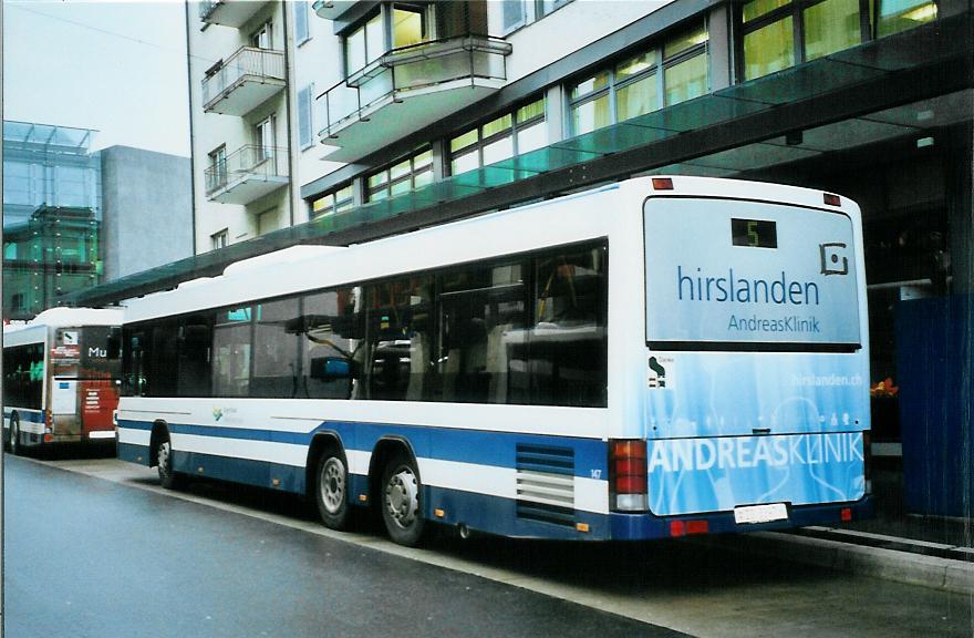 (105'325) - ZVB Zug - Nr. 147/ZG 3397 - Scania/Hess am 17. Mrz 2008 beim Bahnhof Zug