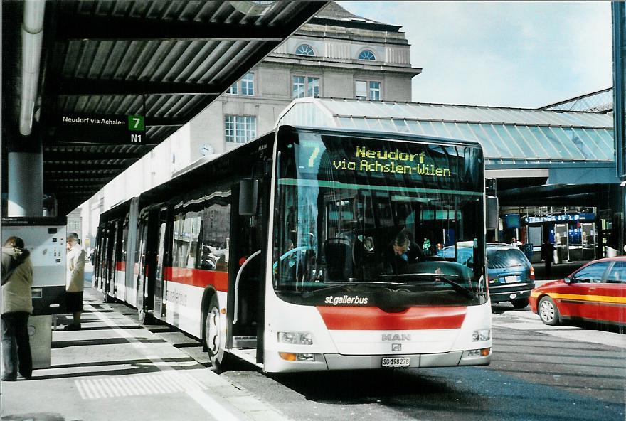 (105'831) - St. Gallerbus, St. Gallen - Nr. 278/SG 198'278 - MAN am 29. Mrz 2008 beim Bahnhof St. Gallen