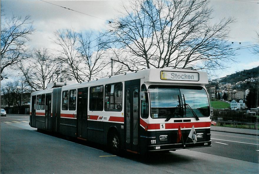 (105'914) - VBSG St. Gallen - Nr. 111 - Saurer/Hess Gelenktrolleybus am 29. Mrz 2008 in St. Gallen, Lerchenfeld