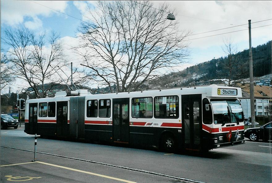 (105'915) - VBSG St. Gallen - Nr. 111 - Saurer/Hess Gelenktrolleybus am 29. Mrz 2008 in St. Gallen, Lerchenfeld