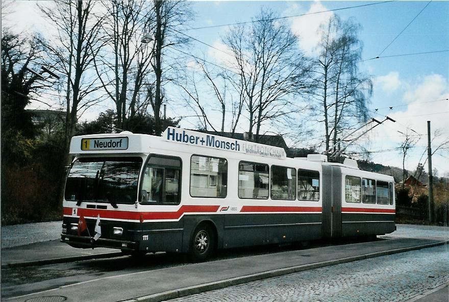 (105'922) - VBSG St. Gallen - Nr. 111 - Saurer/Hess Gelenktrolleybus am 29. Mrz 2008 in St. Gallen, Stocken