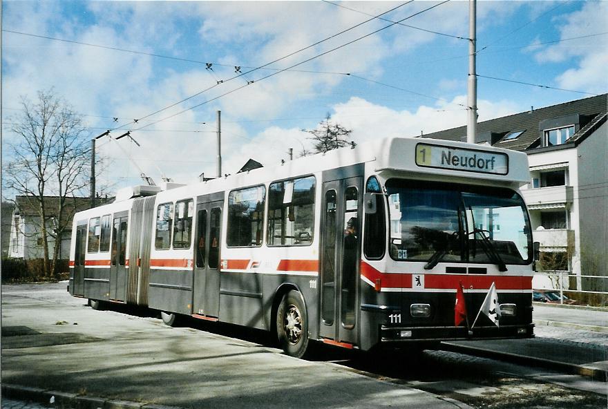 (105'923) - VBSG St. Gallen - Nr. 111 - Saurer/Hess Gelenktrolleybus am 29. Mrz 2008 in St. Gallen, Stocken