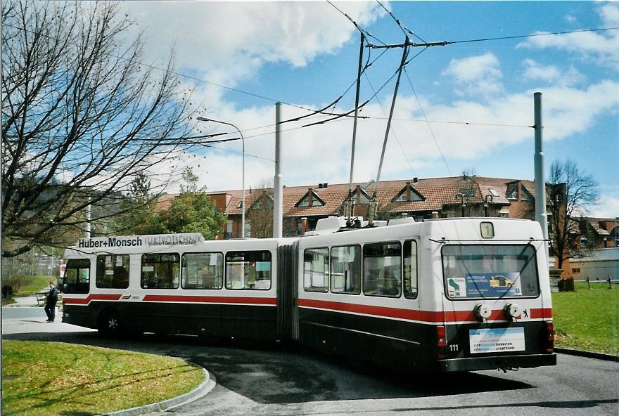 (105'928) - VBSG St. Gallen - Nr. 111 - Saurer/Hess Gelenktrolleybus am 29. Mrz 2008 in St. Gallen, Wolfganghof