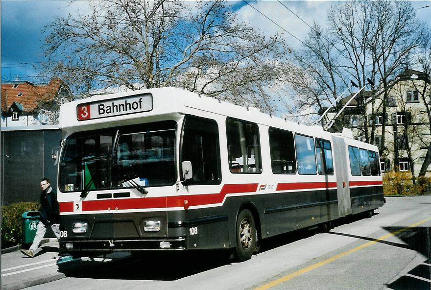 (106'007) - VBSG St. Gallen - Nr. 108 - Saurer/Hess Gelenktrolleybus am 29. Mrz 2008 in St. Gallen, Heiligkreuz