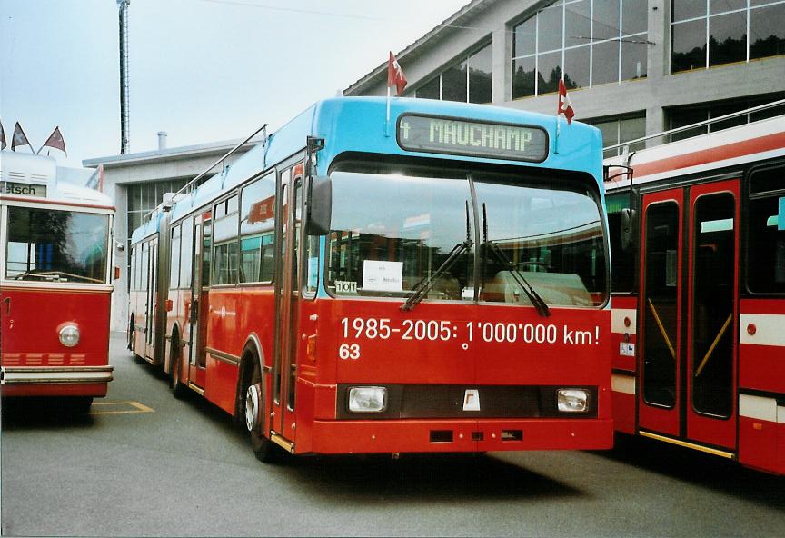 (107'621) - VB Biel - Nr. 63 - Volvo/R&J Gelenktrolleybus am 1. Juni 2008 in Biel, Depot