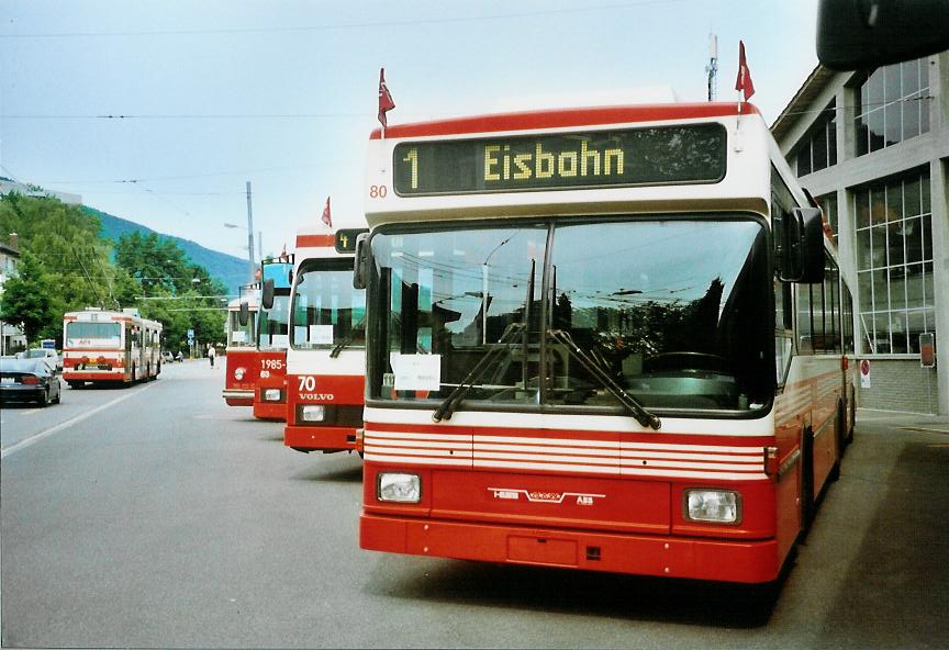 (107'711) - VB Biel - Nr. 80 - NAW/Hess Gelenktrolleybus am 1. Juni 2008 in Biel, Depot