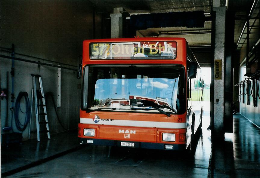 (108'126) - BOGG Wangen b.O. - Nr. 21/SO 21'987 - MAN (ex AGO Olten Nr. 21) am 21. Juni 2008 in Wangen, Garage