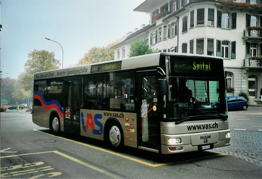 (111'402) - Lengacher, Mnsingen - Nr. 7/BE 556'335 - MAN/Gppel (ex AFA Adelboden Nr. 55; ex Matt, FL-Mauren Nr. 66) am 11. Oktober 2008 beim Bahnhof Mnsingen