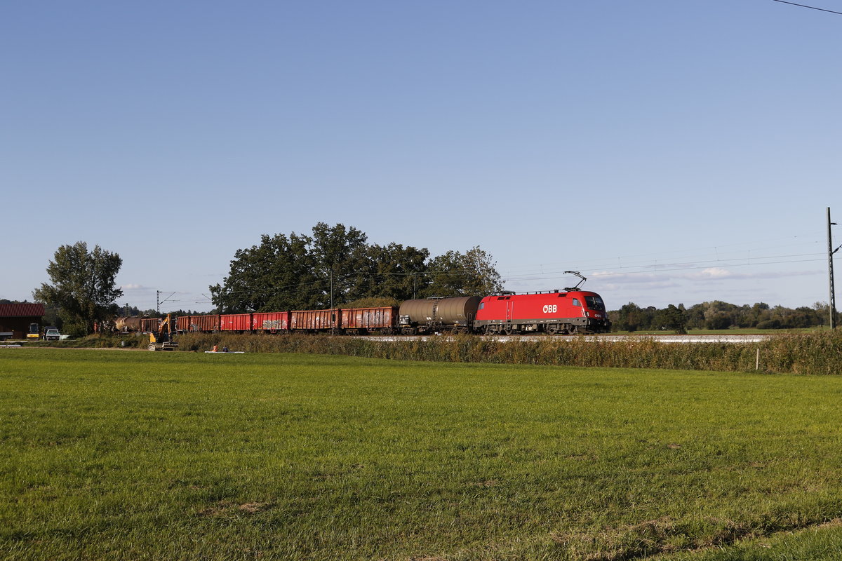 1116 145 war am 25. September 2018 mit einem gemischten Gterzug bei Bernau in Richtung Freilassing unterwegs.