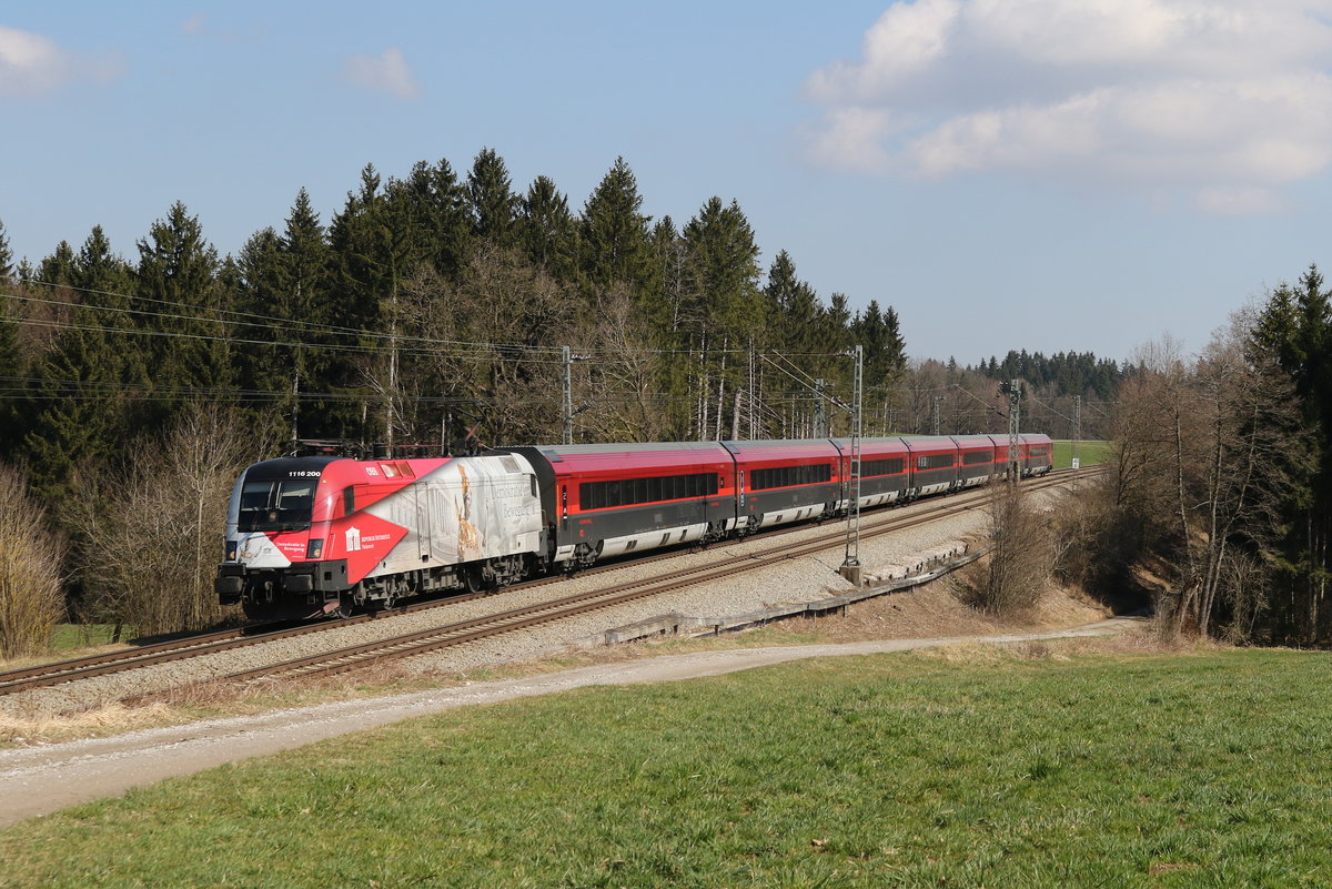 1116 200  Demokratie in Bewegung  mit einem Railjet aus Salzburg kommend am 18. Mrz 2020 bei Grabensttt.