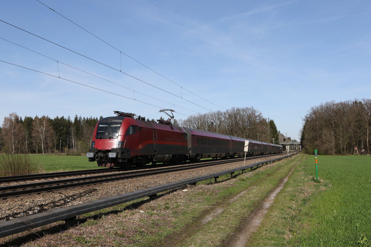 1116 222 war am 20. Mrz 2024 nach Innsbruck unterwegs. Aufgenommen bei Brannenburg im Inntal.