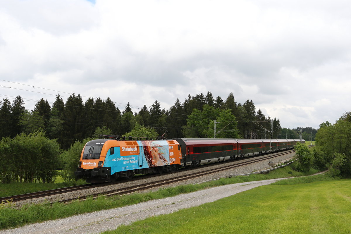 1116 229 mit der neuen  Steinbach -Werbung war am 12. Mai 2020 vor dem Railjet 60 von Wien nach Mnchen im Einsatz. Aufgenommen bei Grabensttt im Chiemgau.
