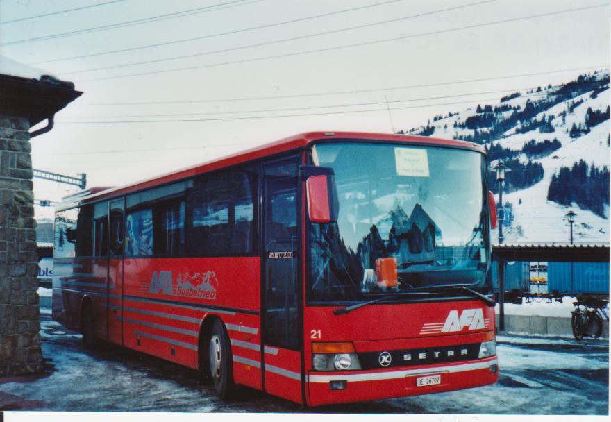 (113'631) - AFA Adelboden - Nr. 21/BE 26'707 - Setra (ex Nr. 7) am 11. Januar 2009 beim Bahnhof Frutigen