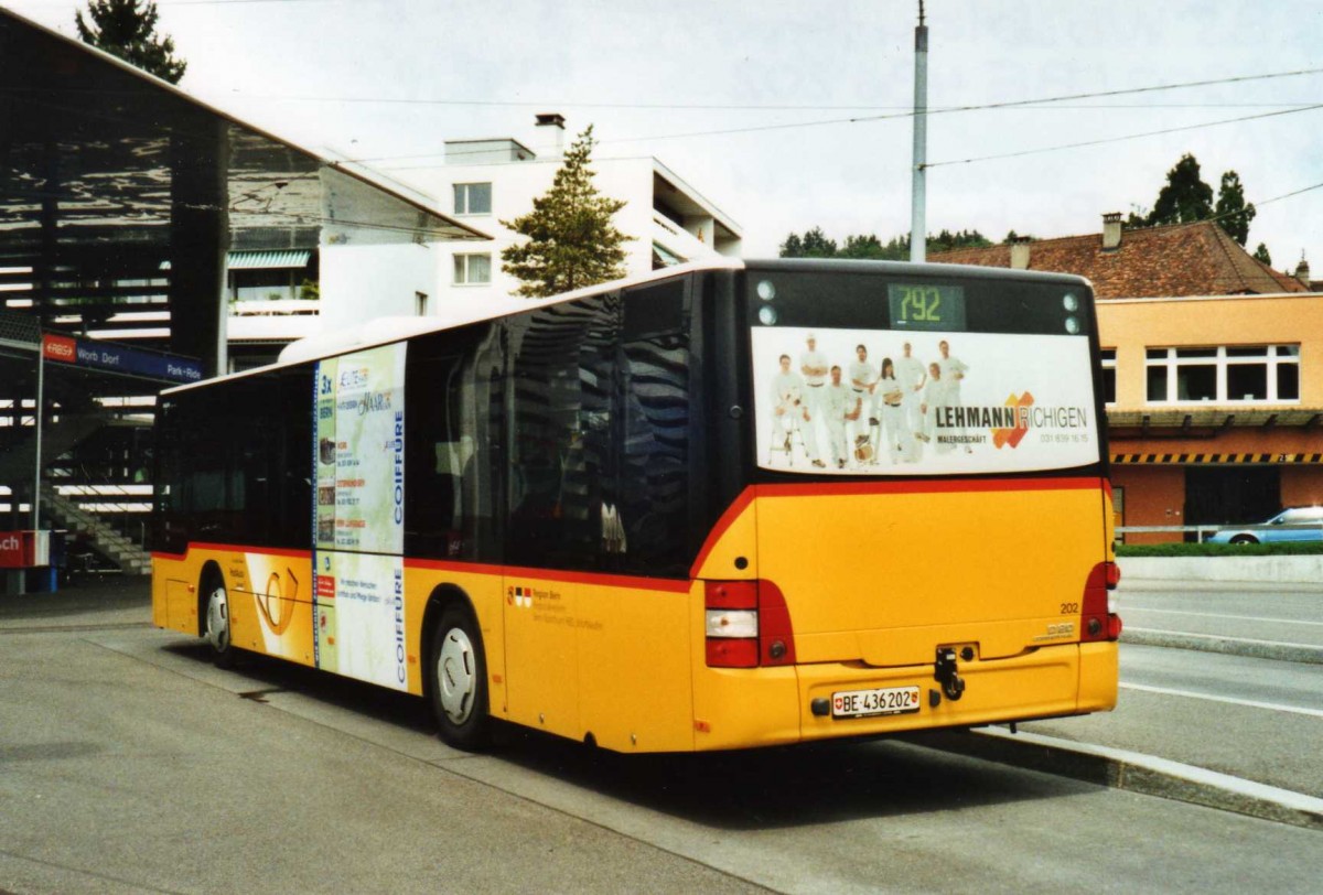 (116'415) - RBS Worblaufen - Nr. 202/BE 436'202 - MAN am 9. Mai 2009 beim Bahnhof Worb Dorf