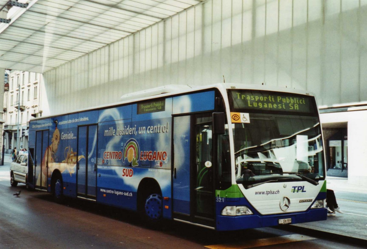 (121'110) - TPL Lugano - Nr. 321/TI 106'989 - Mercedes (ex Nr. 20) am 12. September 2009 in Lugano, Centro