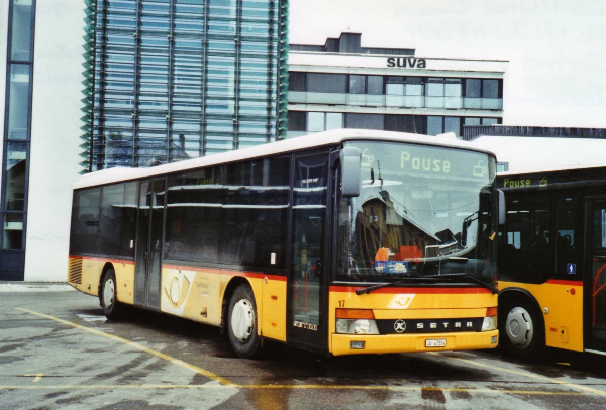 (124'423) - CarPostal Ouest - Nr. 17/JU 47'554 - Setra (ex Tinner, Sennwald) am 15. Februar 2010 beim Bahnhof Delmont