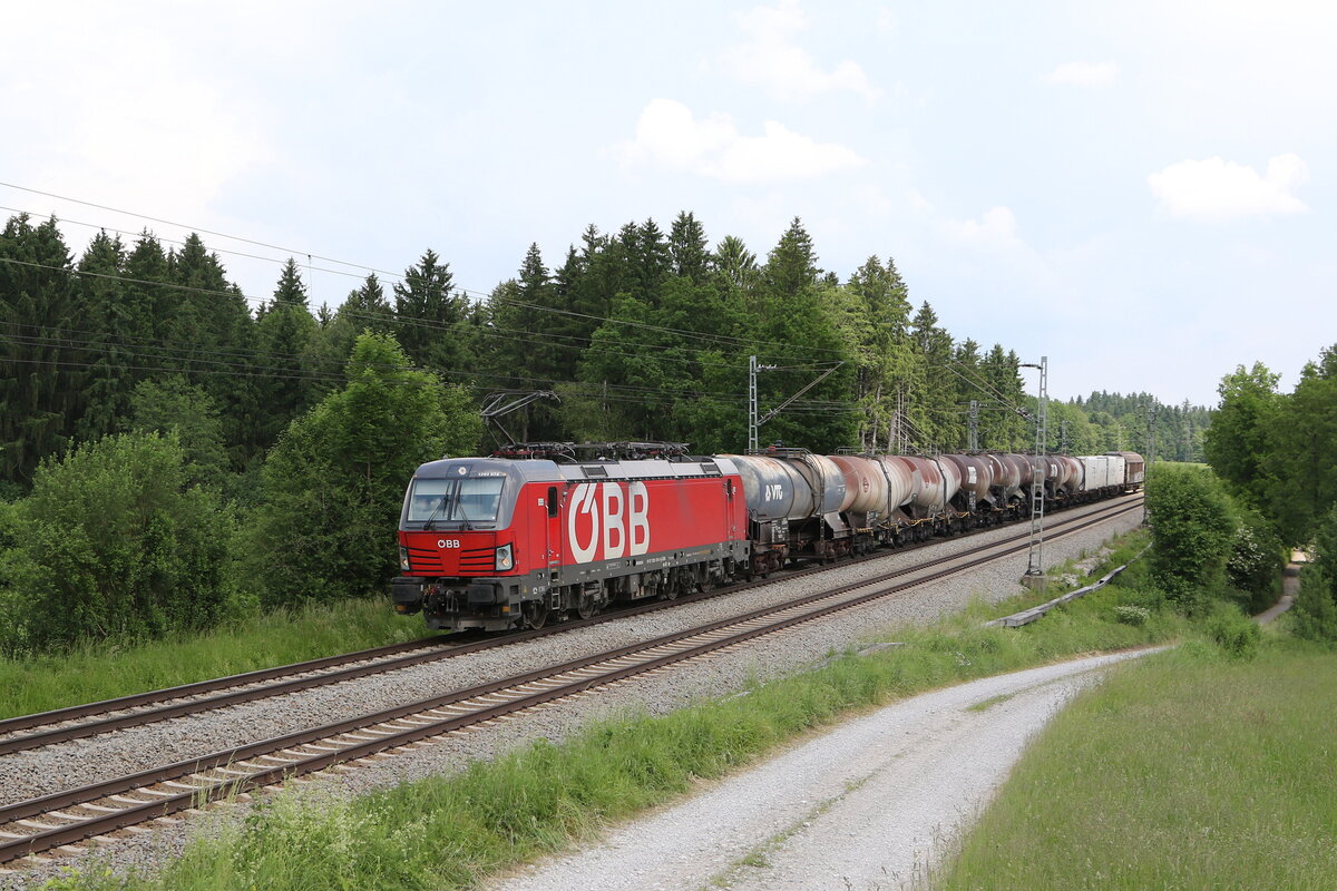 1293 074 mit einem  Mischer  aus Salzburg kommend am 10. Juni 2021 bei Grabensttt im Chiemgau.