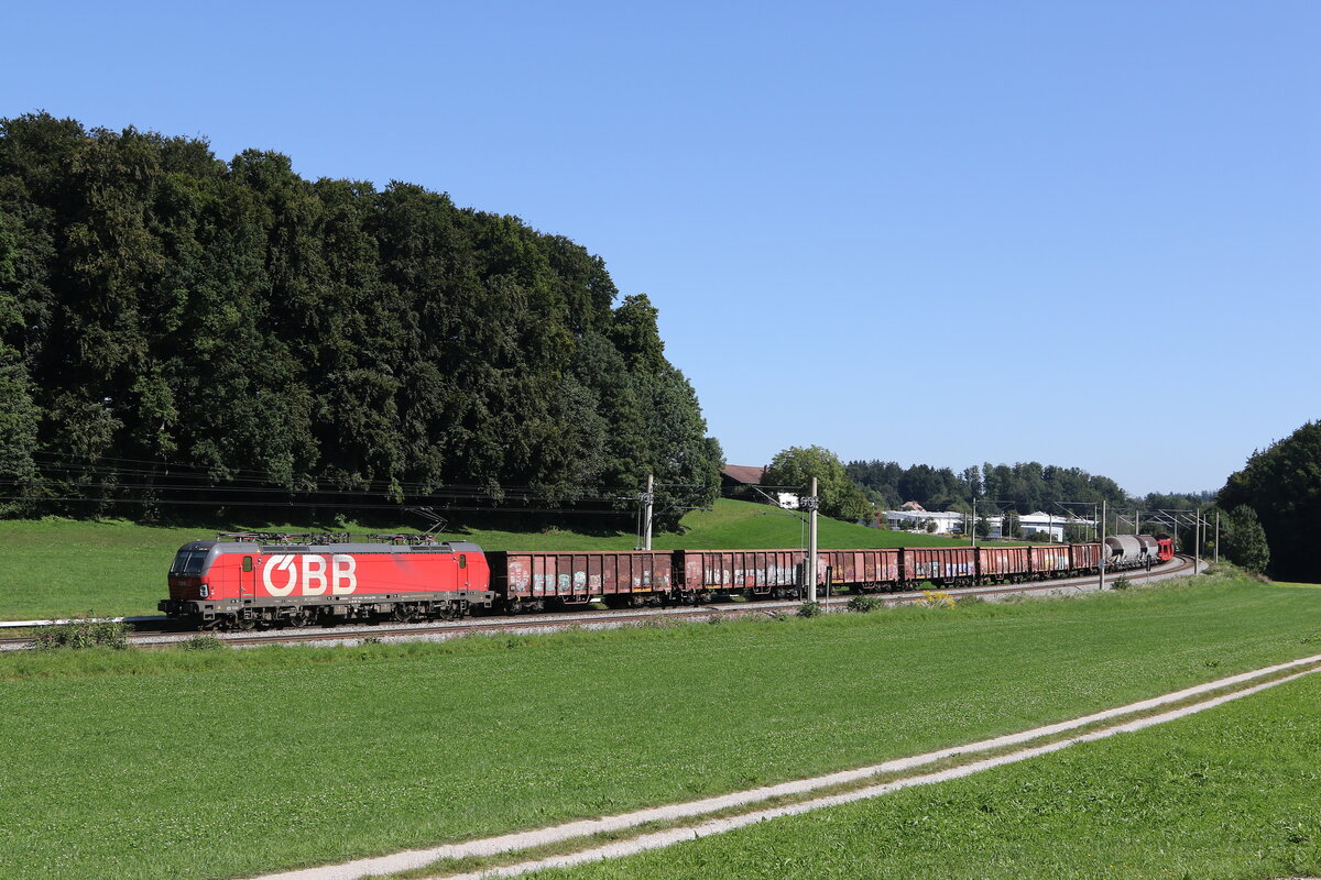 1293 150 mit einem gemischten Gterzug aus Salzburg kommend am 6. September 2023 bei Axdorf.