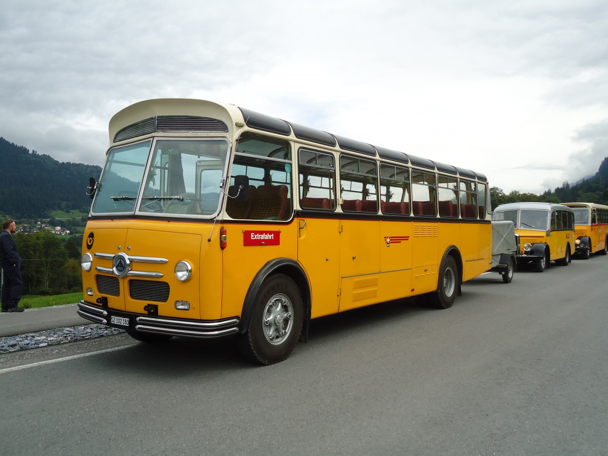 (129'892) - Inkamp, Altendorf - SZ 102'180 - Saurer/FHS (ex Stebler, Basel; ex Reber, Basel; ex Eggenberger, Mriken; ex Ott, Wetzikon; ex OPC Ennetbrgen Nr. 3; ex AVG Grindelwald; ex P 24'143) am 18. September 2010 in Castrisch, Schleps