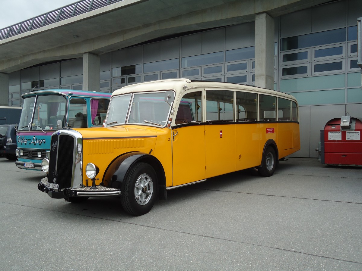 (129'941) - Baumgartner, Horn - Nr. 2/BE 112'580 - Saurer/Saurer (ex Montegazzi, Riva San Vitale; ex AMSA Chiasso Nr. 20; ex OAK Wangen a.A. Nr. 10; ex P 23'082; ex P 2134) am 18. September 2010 in Breil, Militranlage