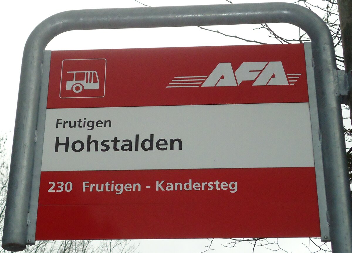(130'976) - AFA-Haltestellenschild - Frutigen, Hohstalden - am 15. November 2010