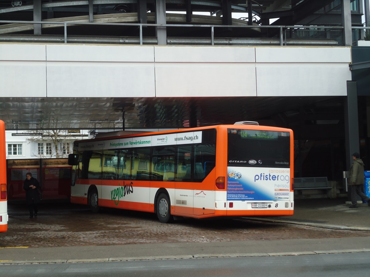 (132'315) - VBH Herisau - Nr. 8/AR 21'300 - Mercedes am 12. Januar 2011 beim Bahnhof Herisau