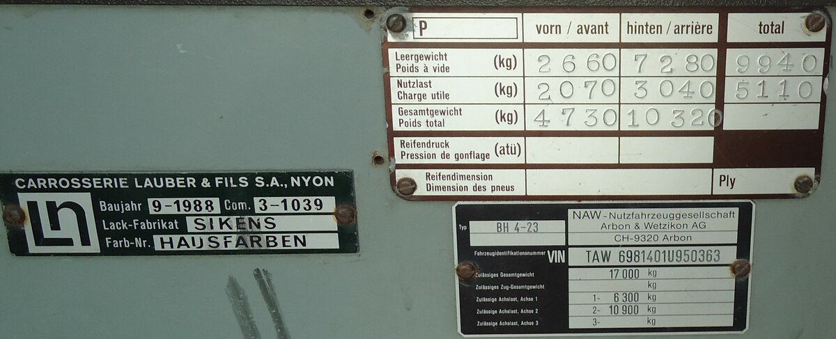 (133'277) - Typenschild - AWA Amden Nr. 3 - am 13. April 2011 in Romanshorn, Spitz