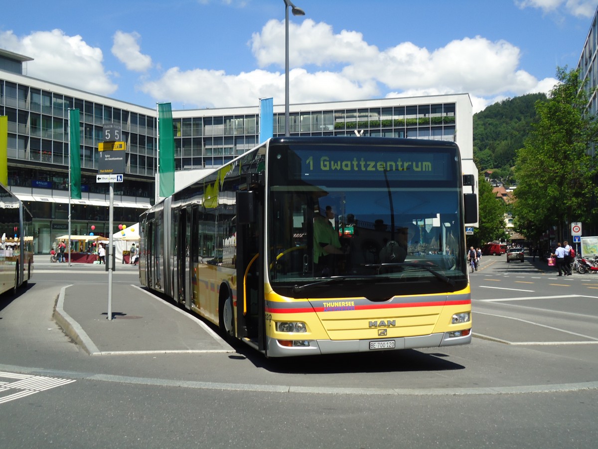 (133'884) - STI Thun - Nr. 120/BE 700'120 - MAN am 28. Mai 2011 beim Bahnhof Thun