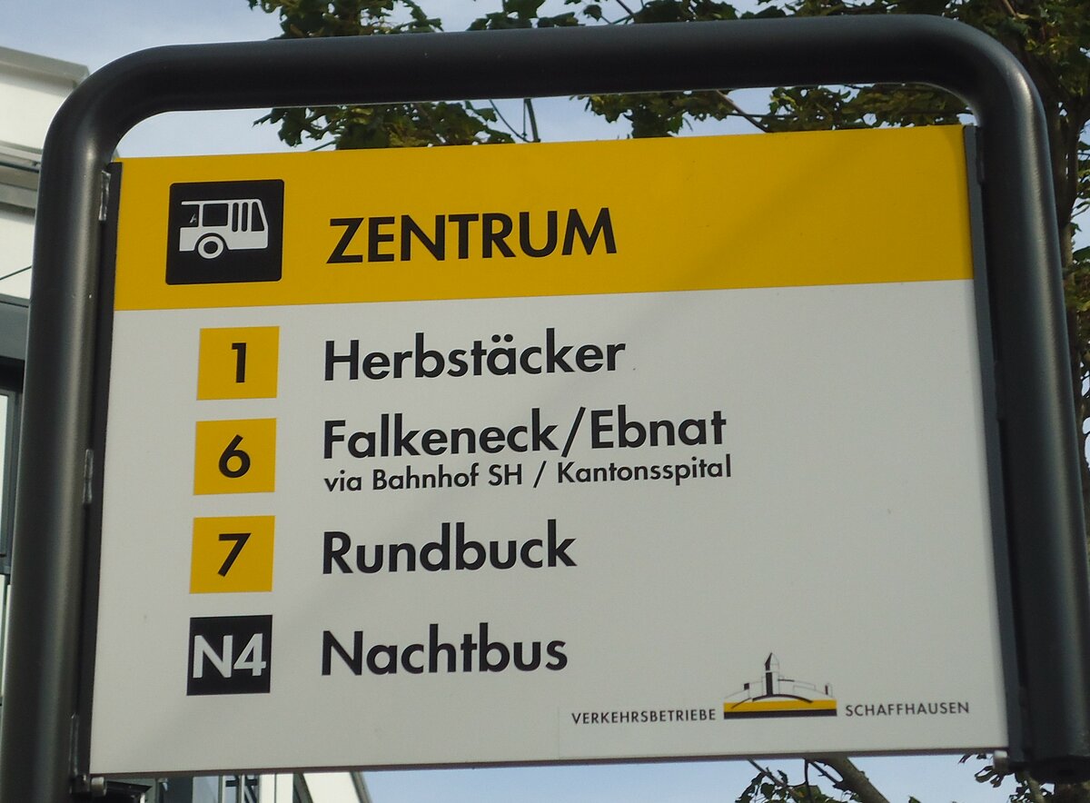 (136'159) - VERKEHRSBETRIEBE SCHAFFHAUSEN-Haltestellenschild - Neuhausen Zentrum - am 25. September 2011