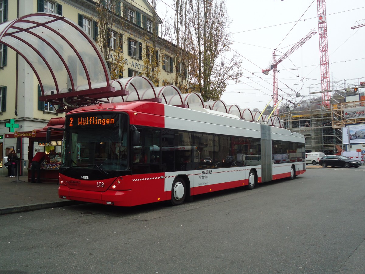 (136'953) - SW Winterthur - Nr. 108 - Hess/Hess Gelenktrolleybus am 24. November 2011 beim Hauptbahnhof Winterthur