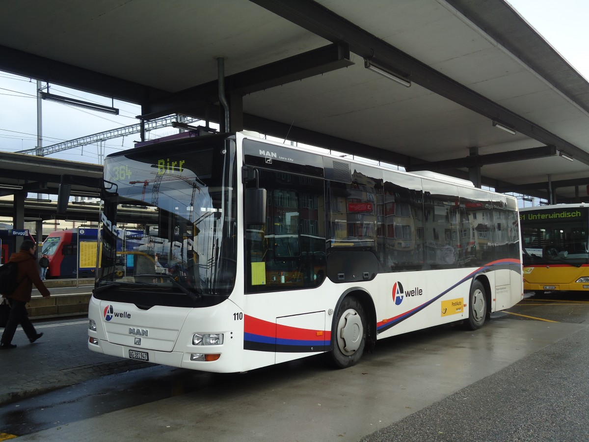 (137'210) - Voegtlin-Meyer, Brugg - Nr. 110/AG 381'947 - MAN/Gppel am 14. Dezember 2011 beim Bahnhof Brugg